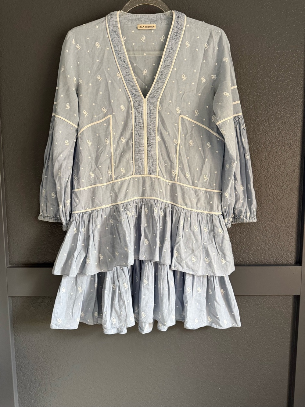 ULLA JOHNSON • Etienne dress chambray floral embroidered long sleeve - size 2